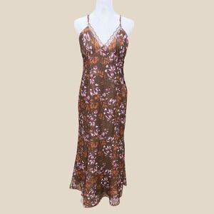 Babydoll Floral Burnout Satin Slip Dress Maxi Medium Brown Lace Romantic Fairy